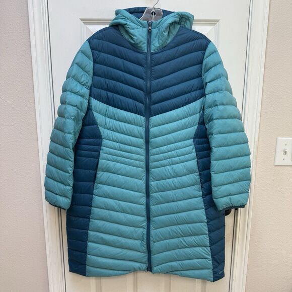 Lands End Wanderweight Packable Down Hooded Long Jacket Blue Teal Womens Size L - Picture 1 of 14